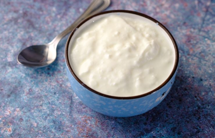ciotola di yogurt bianco con accanto un cucchiaino 