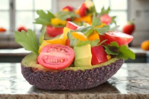 insalata di avocado frutta e verdura dentro mezzo avocado