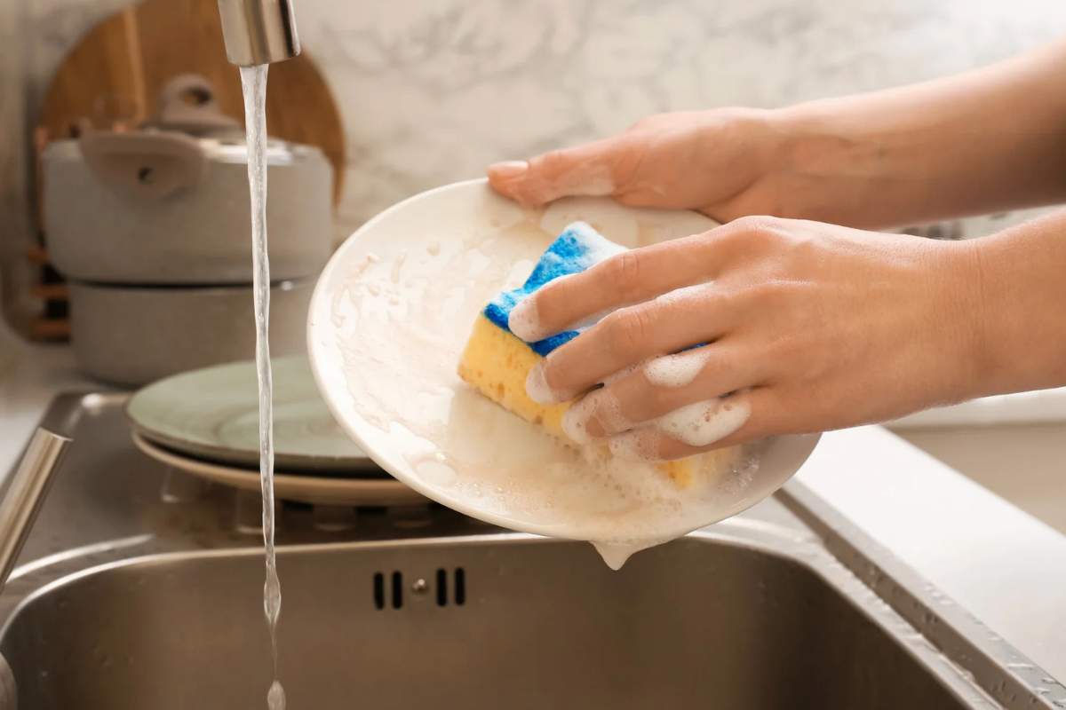 Donna che lava un piatto con la spugna