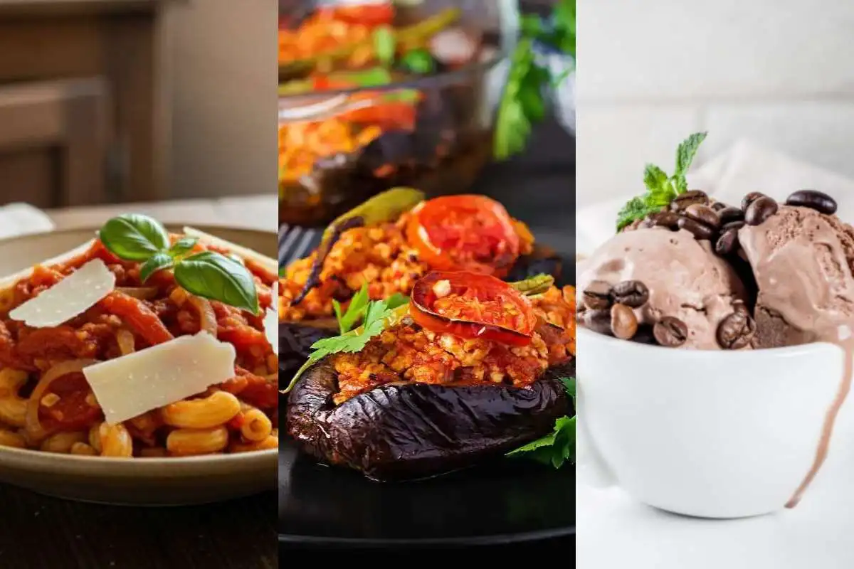 pasta al pomodoro, melanzane ripiene e gelato al caffè