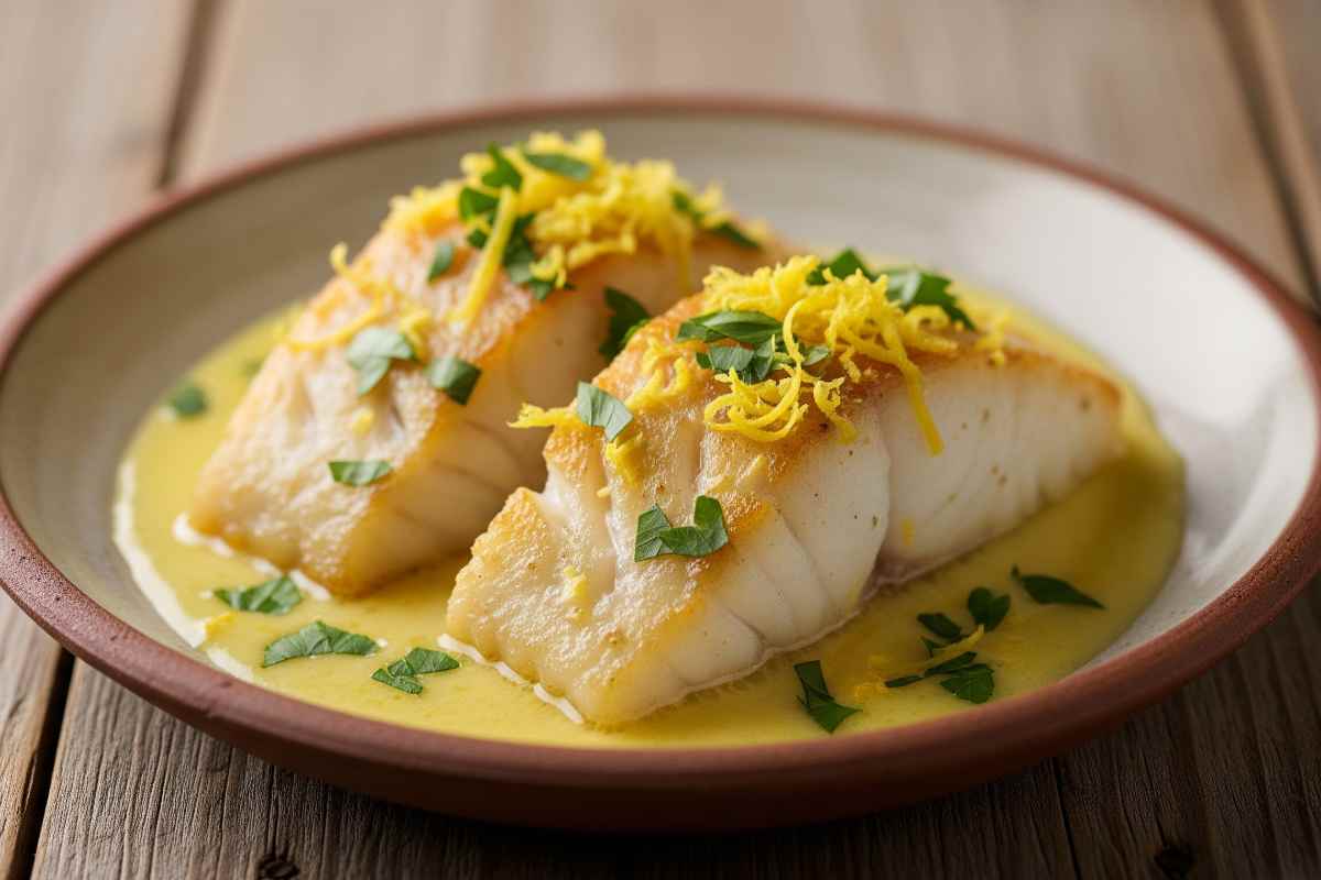 filetti di merluzzo con crema sul fondo e prezzemolo