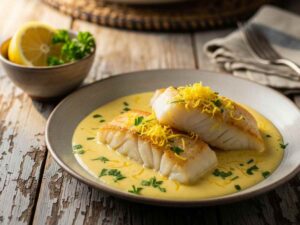 merluzzo in un piatto con crema al limone e prezzemolo
