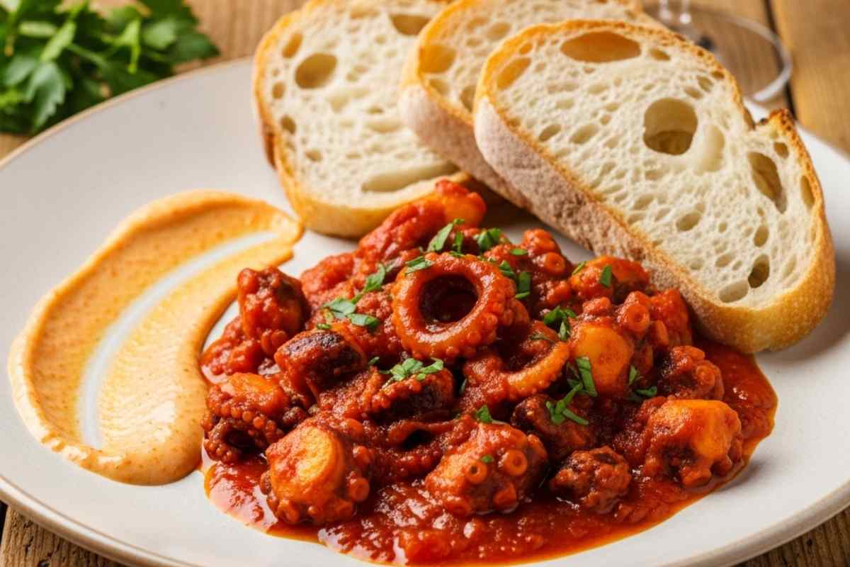 moscardini al sugo in un piatto con fette di pane