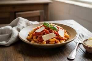 pasta riccia con sugo di pomodoro e scaglie di parmigiano