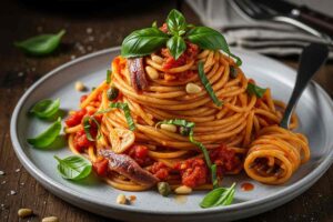 spaghetti al pomodoro con pinoli, capperi e acciughe