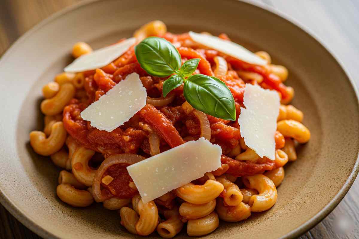 pasta riccia con sugo di pomodoro fresco e scaglie di parmigiano