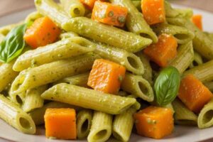 piatto di penne con pesto e pezzetti di zucca