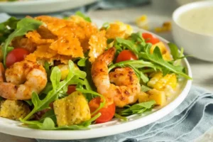 insalata rucola con polenta gamberi e pomodori