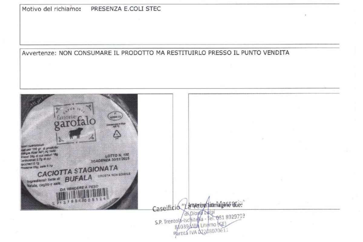 Screen avviso richiamo alimentare