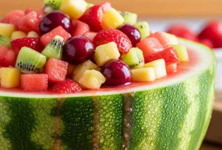 primo piano di anguria ripiena di frutta