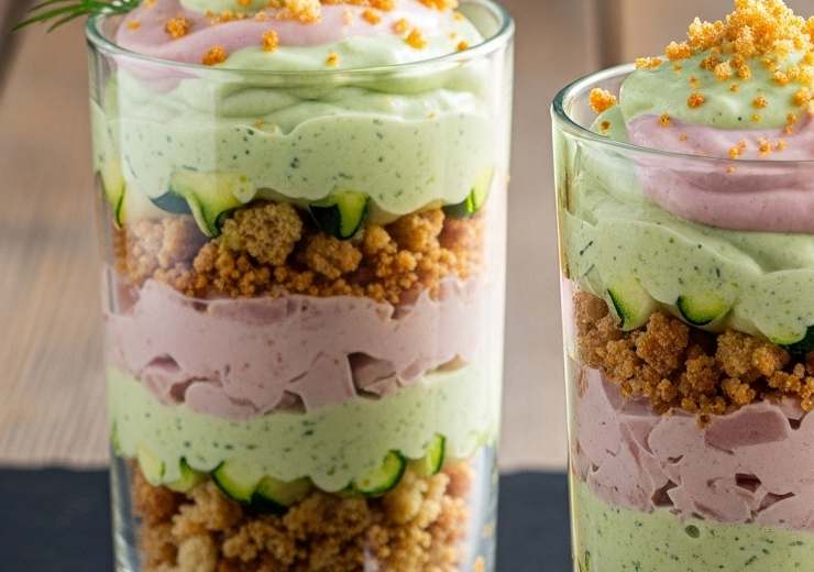 bicchieri con mousse di zucchine e prosciutto