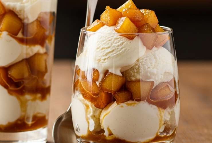 bicchiere di dessert con mele caramellate e gelato