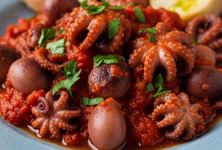 moscardini con sugo di pomodoro in un piatto