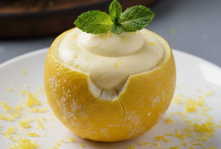 limone ripieno di mousse con fogliolina di menta