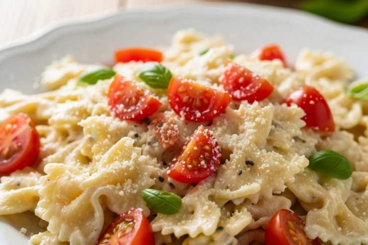 piatto di pasta fredda con pomodoro e ricotta