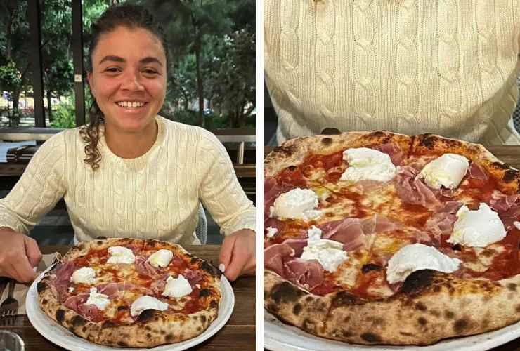 collage jasmine paolini con la pizza e piazza al piatto