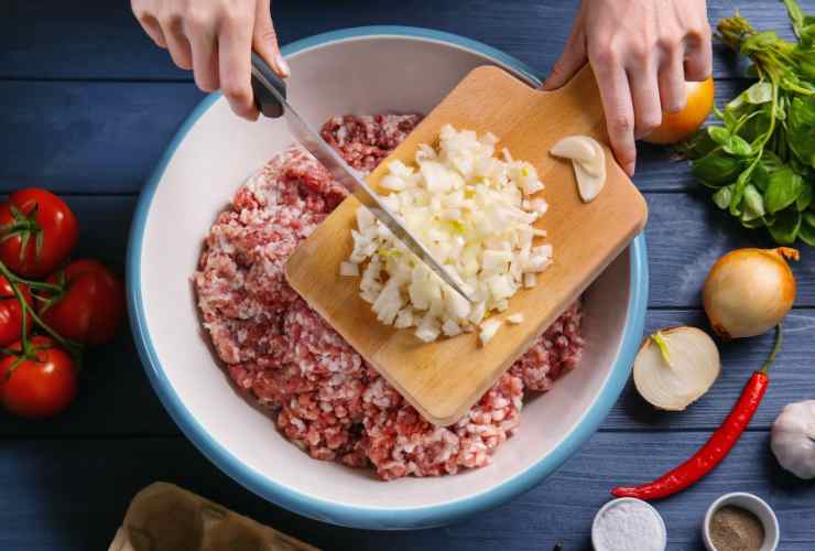 ciotola con carne macinata e cipolla