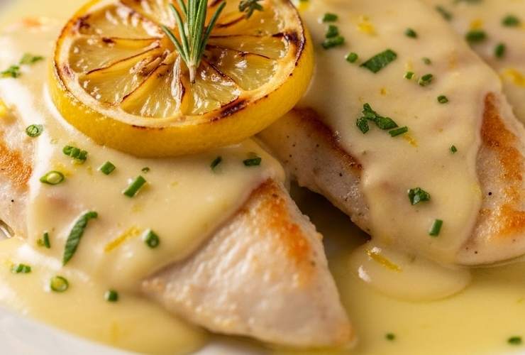 scaloppine al limone cremose con fetta di limone a decorare