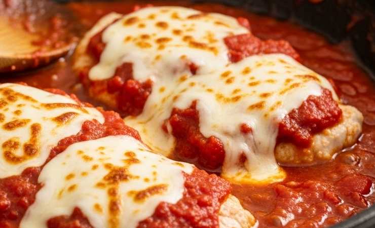 primo piano di scaloppine con pomodoro e mozzarella