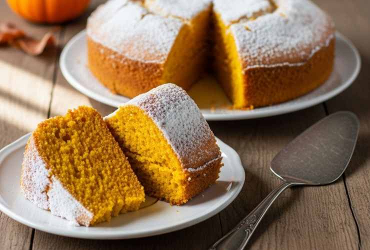 fette di torta di zucca in un piatto con paletta d'acciaio