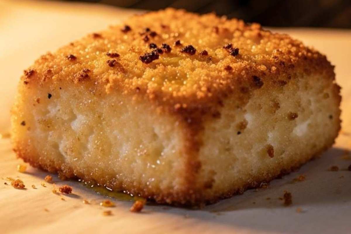 Ricotta panata su un piano in legno