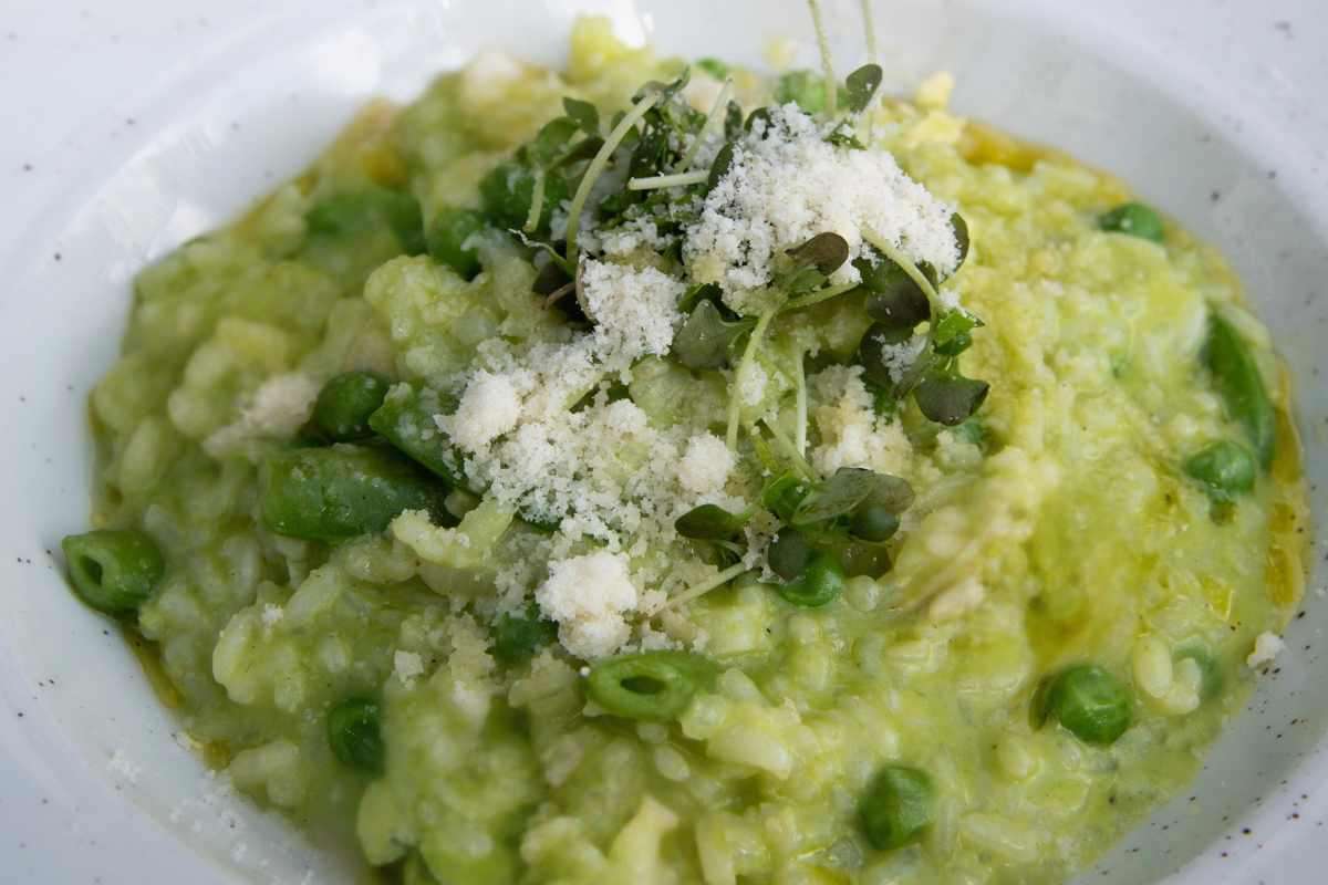 piatto con risotto piselli e parmigiano