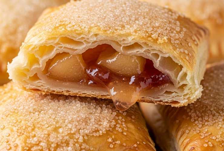 sfogliatina di mela tagliata a metà con marmellata che fuoriesce