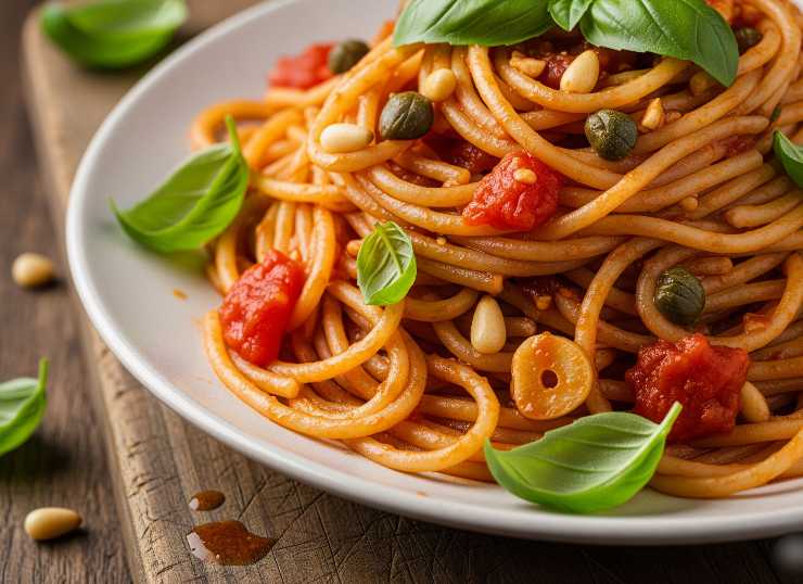 spaghetti con sugo, acciughe e pinoli