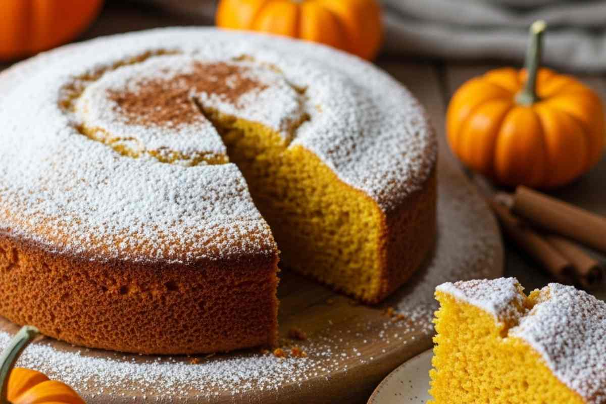 torta di zucca su di un tagliere di legno con zucchero a velo
