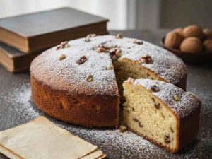 una torta alle noci con vecchi fogli accanto