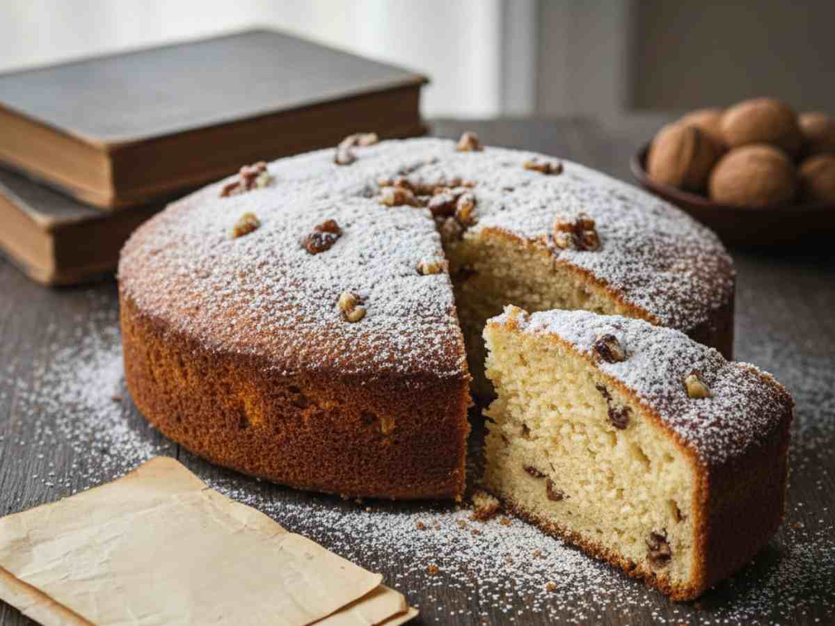 una torta alle noci con vecchi fogli accanto