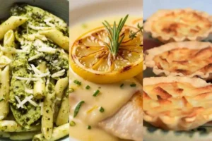 pasta al pesto, scaloppine al limone e crostatine di mele