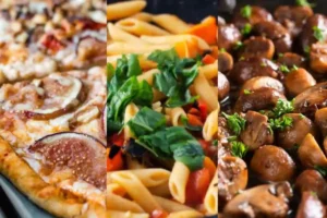torta salata ai fichi, pasta con peperoni, funghi in padella