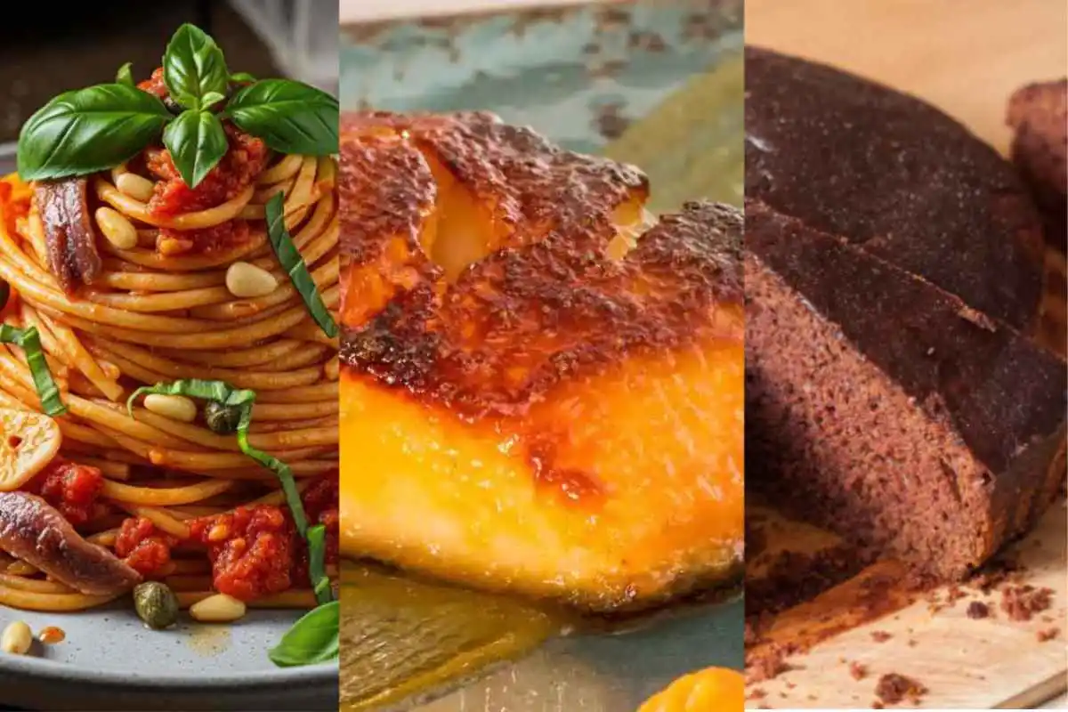 spaghetti acciughe e pinoli, merluzzo, torta al cioccolato