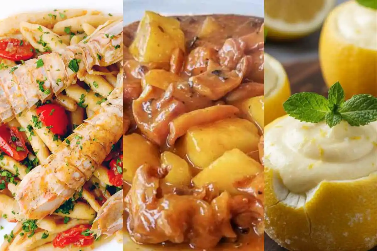 pasta con cicale di mare, seppie in umido con patate, mousse di limone