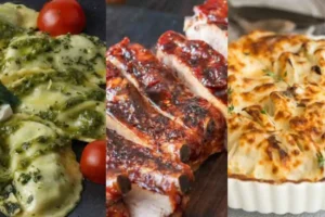 ravioli al pesto, costine di maiale, gratin di finocchi
