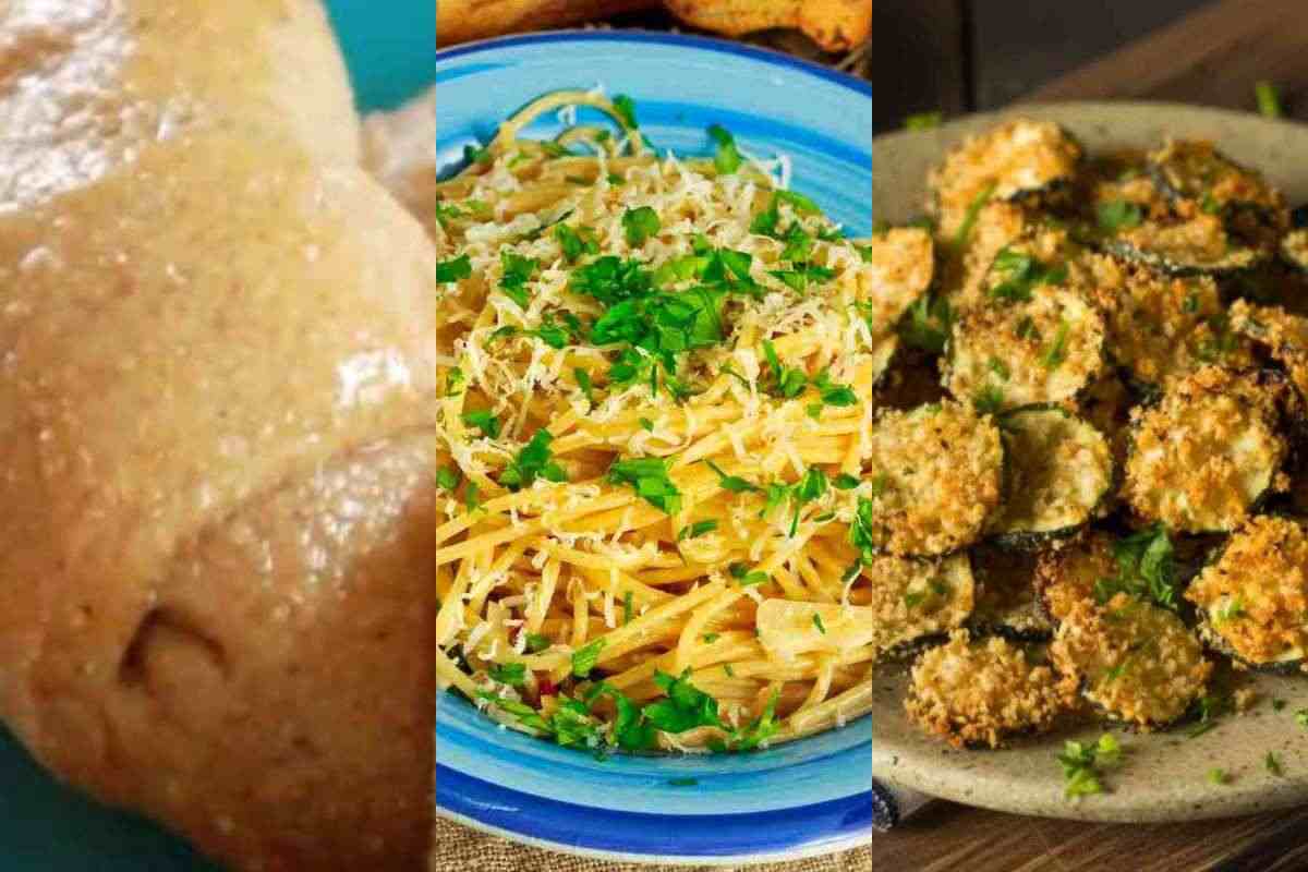 collage cornetto, piatto di pasta e zucchine sabbiate