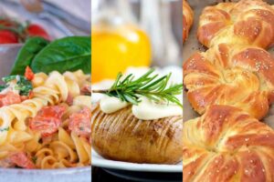 collage di tre piatti: pasta, patata a fisarmonica e brioches