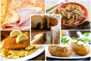 collage con omelette, pasta speck e ricotta. cotolette, patate a fisarmonica e torta bicolore