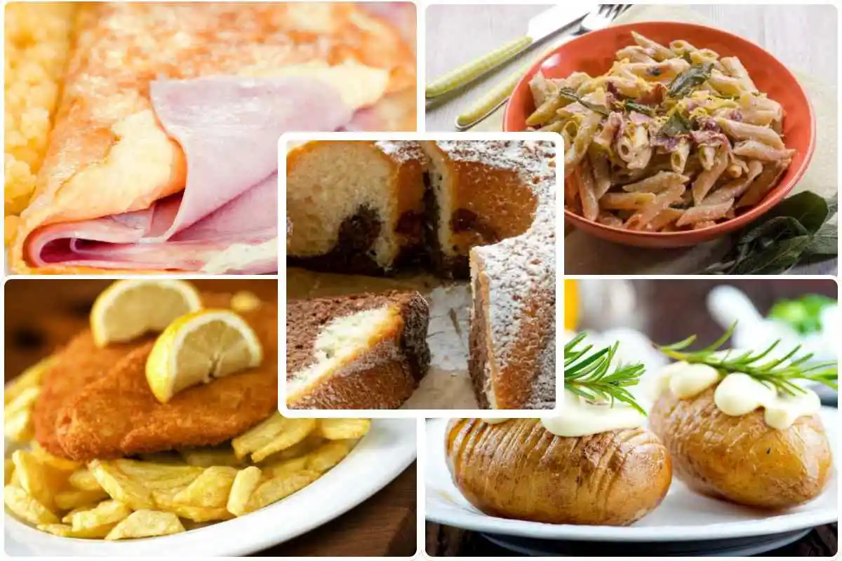 collage con omelette, pasta speck e ricotta. cotolette, patate a fisarmonica e torta bicolore