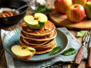 dei pancakes impilati con fette di mela in superficie