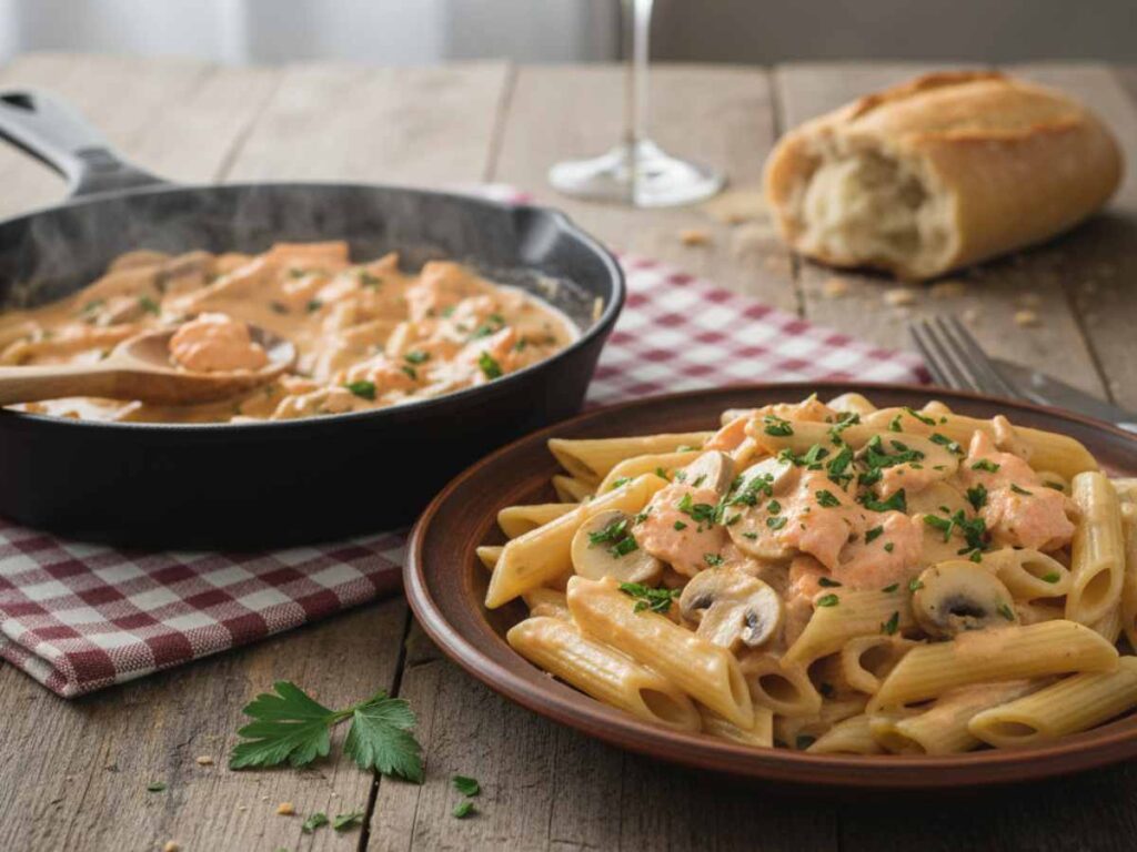 un piatto di penne con salmone e funghi e padella accanto di sugo