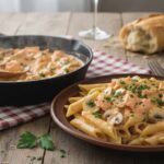 un piatto di penne con salmone e funghi e padella accanto di sugo