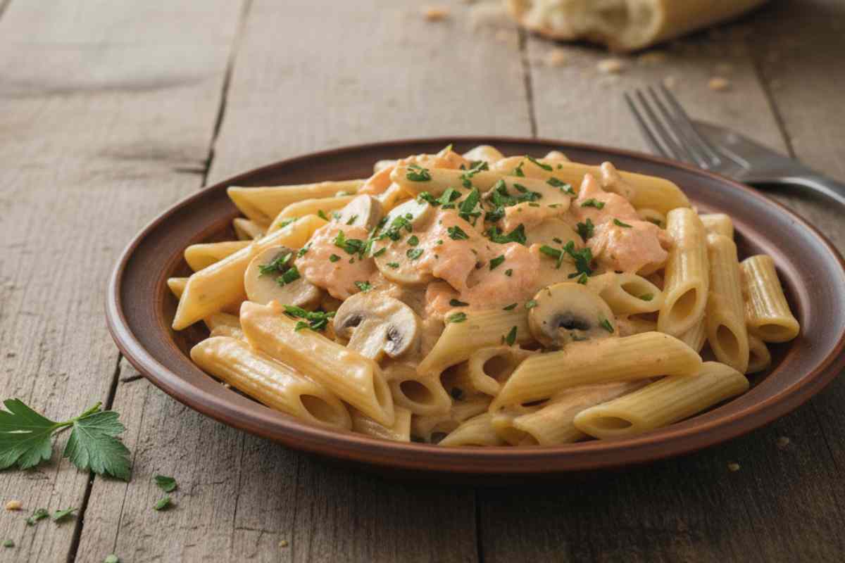 piatto di penne condite con sugo di funghi e salmone