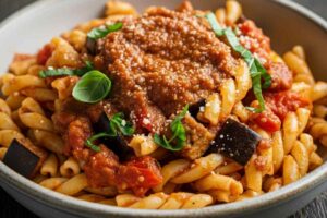 riccioli di pasta con pesto di melanzane e pomodori