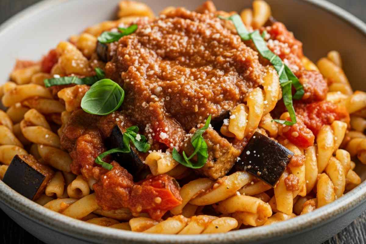 riccioli di pasta con pesto di melanzane e pomodori