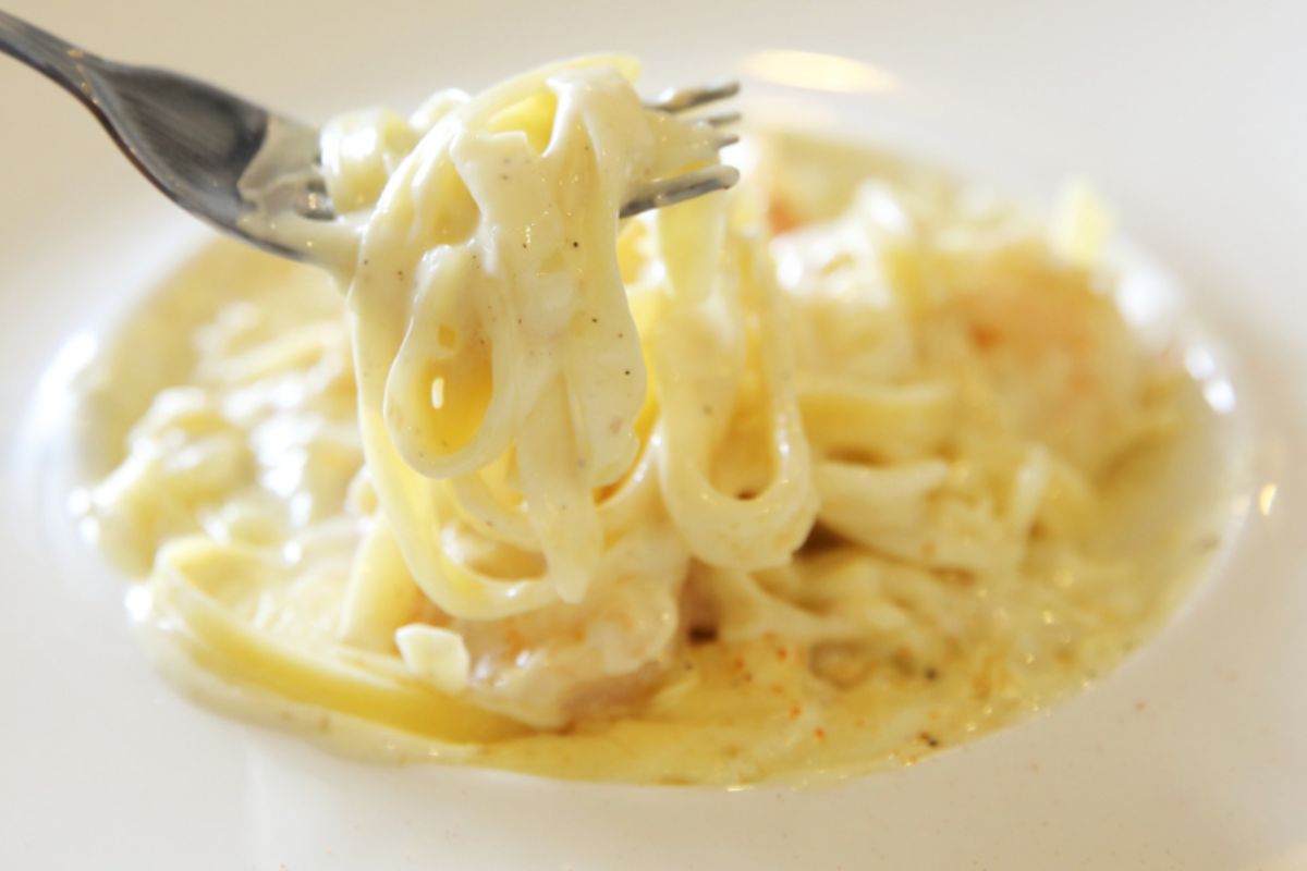Piatto di spaghetti con besciamella e forchetta