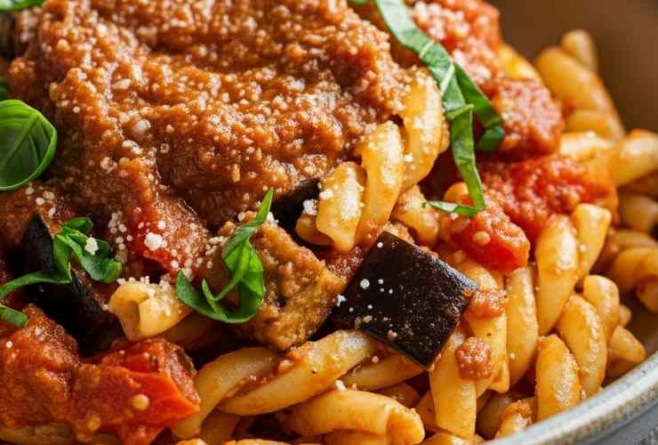 pasta condita con pesto di melanzane e pomodori
