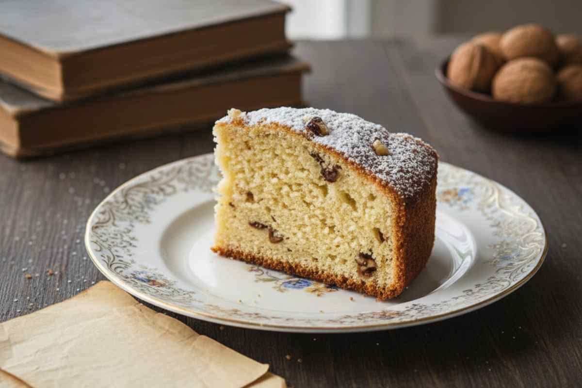 una fetta di torta alle noci su un piattino decorato