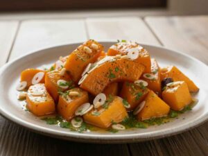un piatto di zucca in agrodolce con aglio e prezzemolo